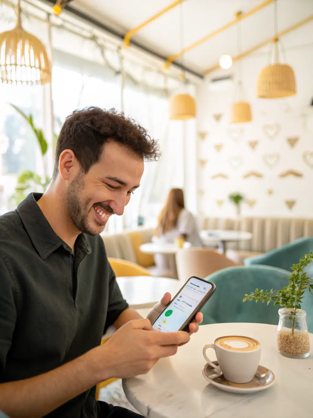 A customer happily interacting with a mobile app on their smartphone, showcasing the ease of use and accessibility of IATI Canada's solutions.