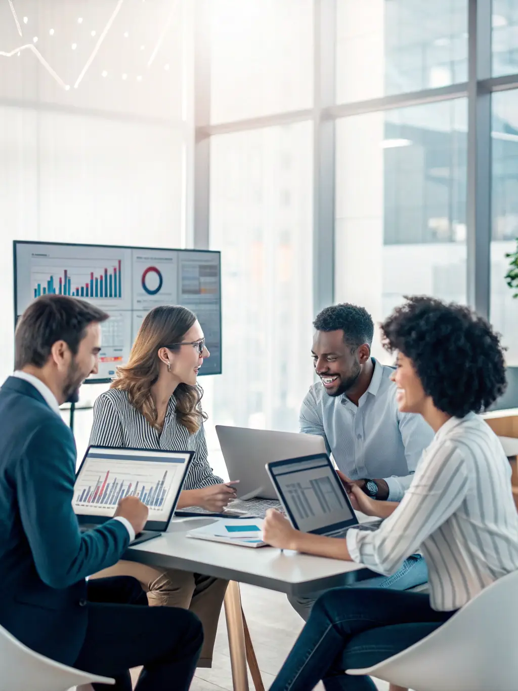 An image of a diverse team collaborating on digital marketing strategies, using analytics dashboards to track performance and optimize campaigns.