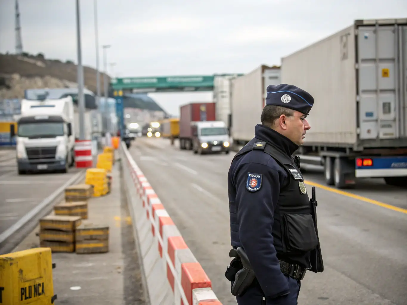 A customs officer inspecting goods at a border crossing, emphasizing the importance of compliance and smooth transit.