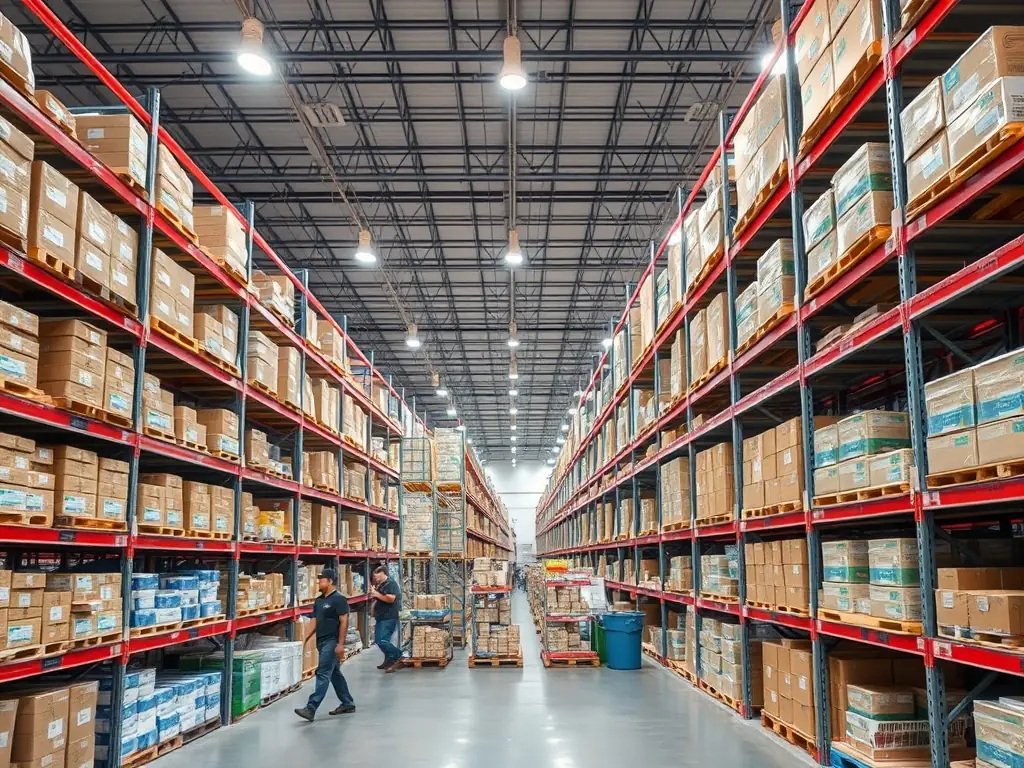 A modern warehouse interior with goods being sorted and prepared for shipping, showcasing efficient logistics operations.