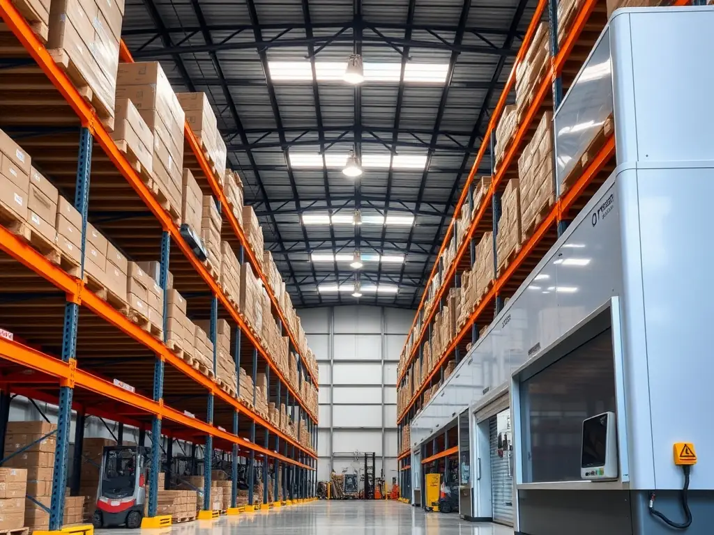 A high-tech warehouse with automated systems and robots, highlighting the efficiency and innovation in modern warehousing.